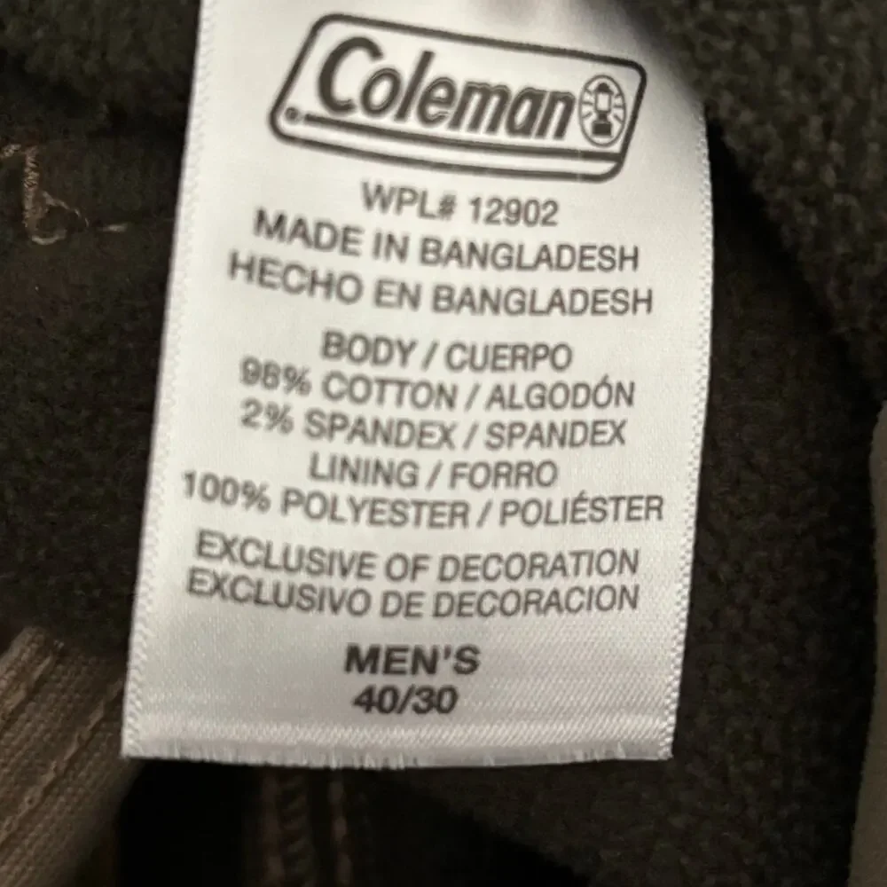 Coleman Men's Size 40x30 Brown Fleece Lined Utility Carpenter Stretch Work Pants